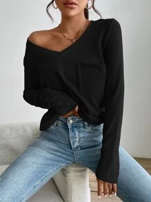 SHEIN LUNE Áo thun nữ Đắp vá Túi màu trơn Giải trí - màu đen - Xem 6