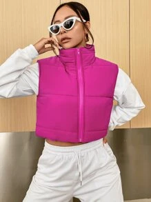 SHEIN EZwear Sleeveless Zip Up Crop Padded Coat - Hot Pink - View 5