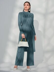 Modelyn Split Hem Longline Top & Wide Leg Trousers - Dusty Blue - View 1