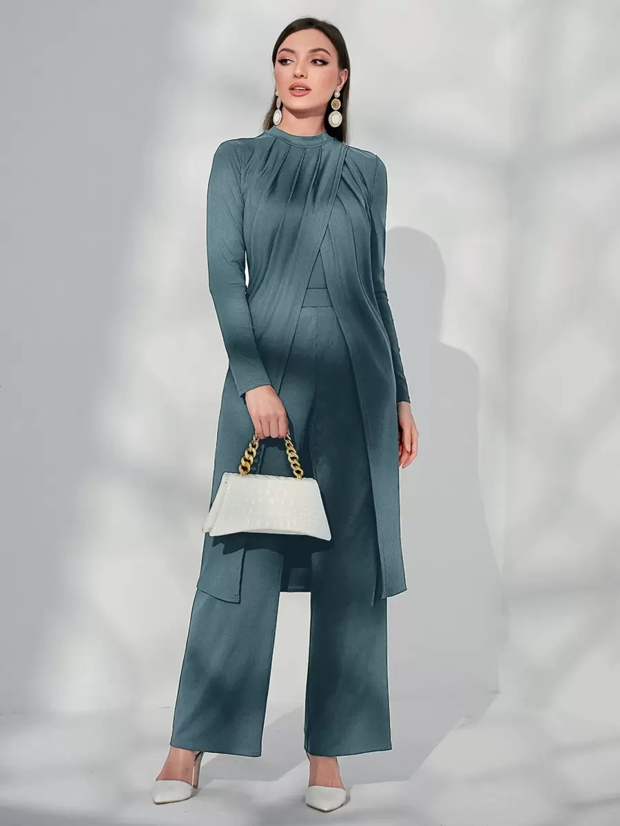 Modelyn Split Hem Longline Top & Wide Leg Trousers - Dusty Blue - View 1