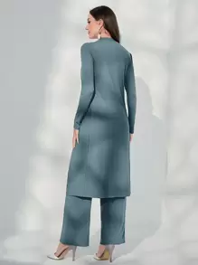 Modelyn Split Hem Longline Top & Wide Leg Trousers - Dusty Blue - View 2