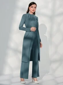 Modelyn Split Hem Longline Top & Wide Leg Trousers - Dusty Blue - View 3
