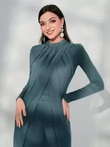 Modelyn Split Hem Longline Top & Wide Leg Trousers - Dusty Blue - View 4