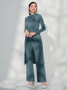 Modelyn Split Hem Longline Top & Wide Leg Trousers - Dusty Blue - View 5