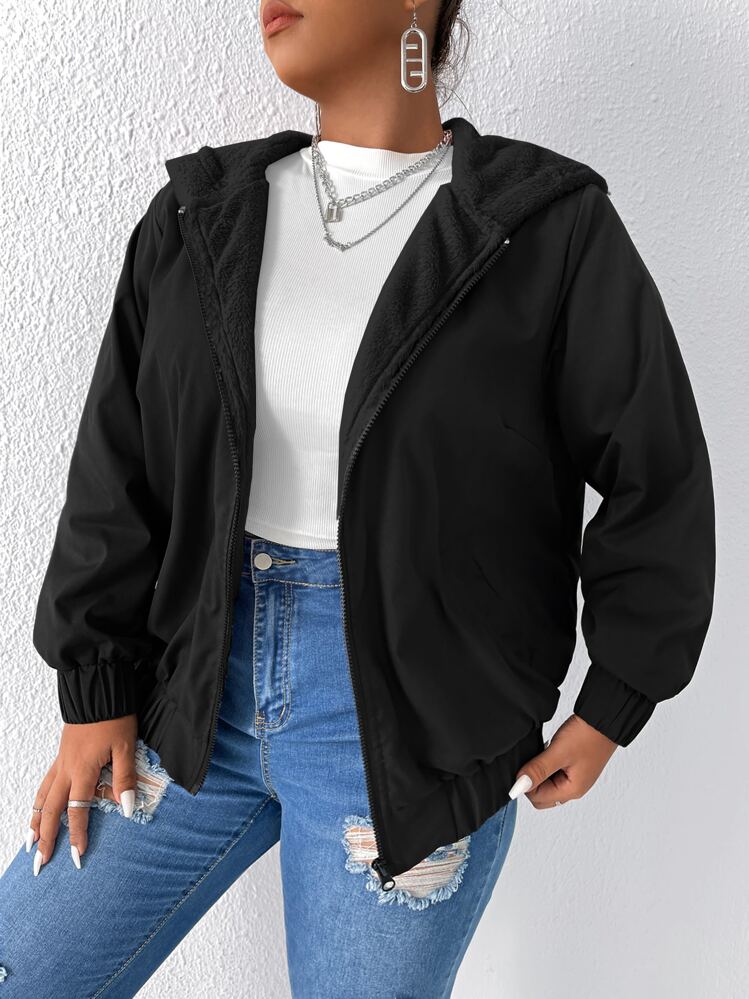 SHEIN LUNE Plus Teddy Lined Slant Pocket Hooded Jacket - Black - View 1