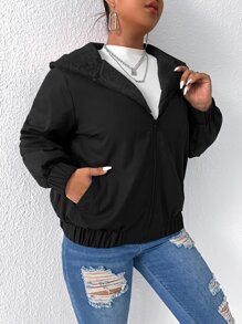 SHEIN LUNE Plus Teddy Lined Slant Pocket Hooded Jacket - Black - View 3