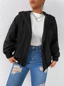 SHEIN LUNE Plus Teddy Lined Slant Pocket Hooded Jacket - Black - View 4