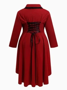 SHEIN LUNE Plus Lace Up Back Frog Button High Low Coat - Burgundy - View 2