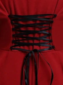 SHEIN LUNE Plus Lace Up Back Frog Button High Low Coat - Burgundy - View 4