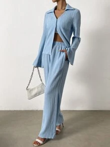 Chiquease 鐘形袖褶皺襯衫和闊腿褲 - 淺藍色 - 查看 3