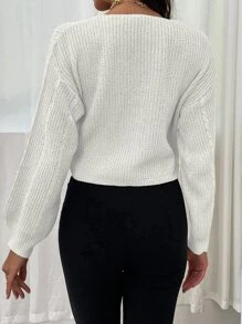 SHEIN Unity Lantern Sleeve Drawstring Ruched Front Sweater,Long Sleeve Tops Knit Pullover Fall Winter - White - View 2