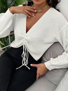 SHEIN Unity Lantern Sleeve Drawstring Ruched Front Sweater,Long Sleeve Tops Knit Pullover Fall Winter - White - View 6