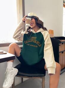 SHEIN Unity Sudadera con capucha de color contrastante bordada con estampado del nombre geográfico "California, Los Ángeles", sudadera larga - Verde Oscuro - Ver 3