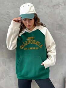 SHEIN Unity Sudadera con capucha de color contrastante bordada con estampado del nombre geográfico "California, Los Ángeles", sudadera larga - Verde Oscuro - Ver 4