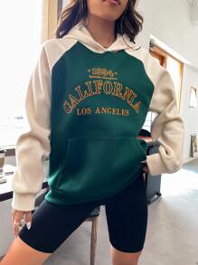 SHEIN Unity Sudadera con capucha de color contrastante bordada con estampado del nombre geográfico "California, Los Ángeles", sudadera larga - Verde Oscuro - Ver 6