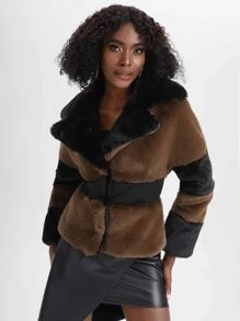 Rossella Logiurato Fuzzy Panel Colourblock Coat - Brown - View 1