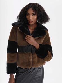 Rossella Logiurato Fuzzy Panel Colourblock Coat - Brown - View 3