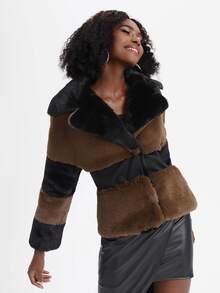 Rossella Logiurato Fuzzy Panel Colourblock Coat - Brown - View 7