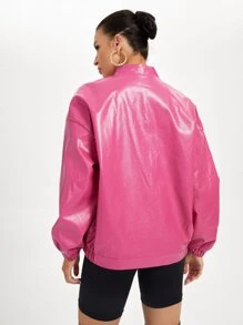 CIRCE Zip Up Drop Shoulder Oversize PU Leather Jacket - Pink - View 2