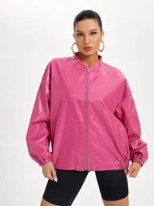 CIRCE Zip Up Drop Shoulder Oversize PU Leather Jacket - Pink - View 3