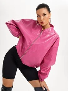 CIRCE Zip Up Drop Shoulder Oversize PU Leather Jacket - Pink - View 6