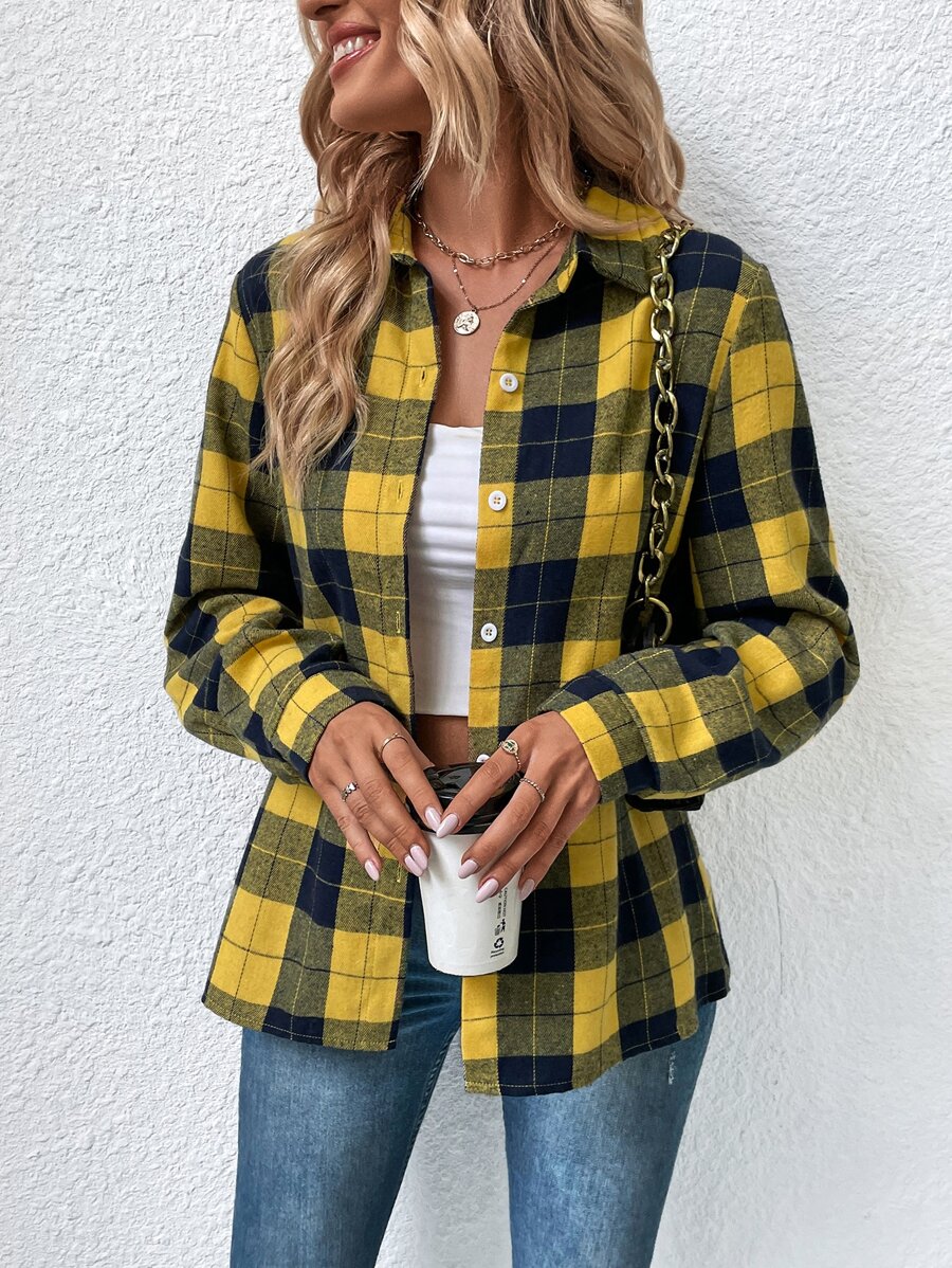 SHEIN LUNE Button Front Plaid Shirt - Yellow - View 1