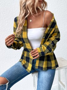 SHEIN LUNE Button Front Plaid Shirt - Yellow - View 3