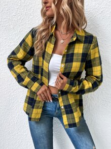 SHEIN LUNE Button Front Plaid Shirt - Yellow - View 4