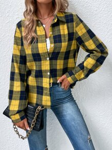 SHEIN LUNE Button Front Plaid Shirt - Yellow - View 5