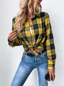 SHEIN LUNE Button Front Plaid Shirt - Yellow - View 6