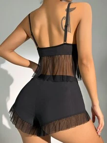 Stereo Flower Contrast Mesh Ruffle Trim PJ Set - Black - View 2