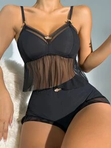 Stereo Flower Contrast Mesh Ruffle Trim PJ Set - Black - View 3