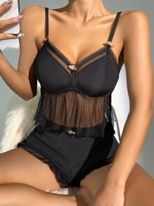 Stereo Flower Contrast Mesh Ruffle Trim PJ Set - Black - View 4