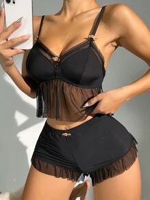 Stereo Flower Contrast Mesh Ruffle Trim PJ Set - Black - View 5