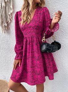 SHEIN Unity 滿版印花荷葉袖洋裝 - 玫紅色 - 查看 4