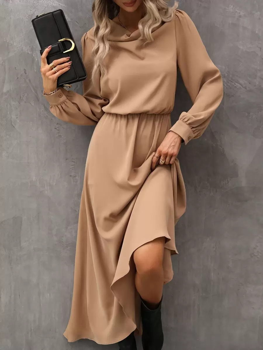 SHEIN LUNE Draped Collar Bishop Sleeve Dress - Camel - View 1