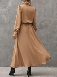 SHEIN LUNE Draped Collar Bishop Sleeve Dress - Camel - View 2