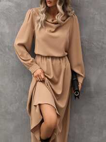 SHEIN LUNE Draped Collar Bishop Sleeve Dress - Camel - View 3