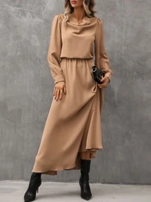SHEIN LUNE Draped Collar Bishop Sleeve Dress - Camel - View 4