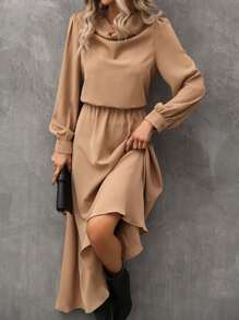SHEIN LUNE Draped Collar Bishop Sleeve Dress - Camel - View 5
