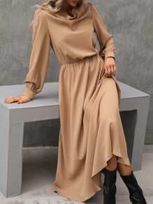 SHEIN LUNE Draped Collar Bishop Sleeve Dress - Camel - View 6
