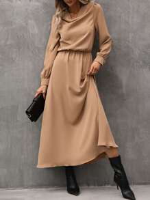 SHEIN LUNE Draped Collar Bishop Sleeve Dress - Camel - View 7