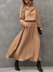 SHEIN LUNE Draped Collar Bishop Sleeve Dress - Camel - View 8