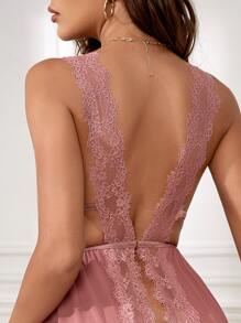 Contrast Lace Mesh Babydoll Slips Without Panty - Dusty Pink - View 2