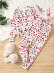 SHEIN Girls Christmas Print PJ Set - Multicolor - View 1