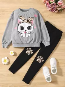 SHEIN Tween Girl Cartoon Graphic Drop Shoulder Sweatshirt & Leopard Print Leggings - Multicolor - View 1