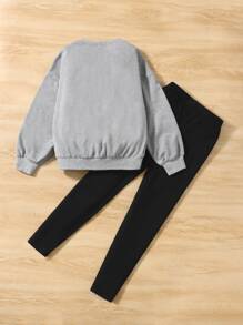 SHEIN Tween Girl Cartoon Graphic Drop Shoulder Sweatshirt & Leopard Print Leggings - Multicolor - View 2