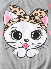 SHEIN Tween Girl Cartoon Graphic Drop Shoulder Sweatshirt & Leopard Print Leggings - Multicolor - View 3