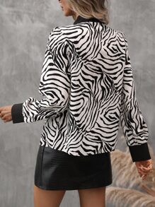 SHEIN Clasi Zebra Striped Tie Neck Blouse - Black and White - View 2