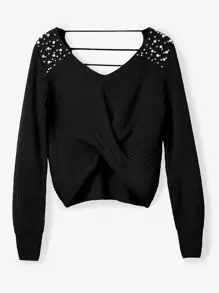 Jersey con cuenta de perla con abertura trasera cruzado - Negro - Ver 1
